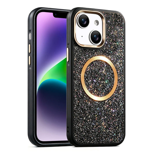 Apple iPhone 14 Glitter Airbag Shockproof Magnetic Phone Case with Luxury Sparkly Finish, Metal Camera Lens Protection, PU & TPU Dual Layer Cover, Magnetic Wireless Charging Compatible, Anti-Drop Protective Bumper