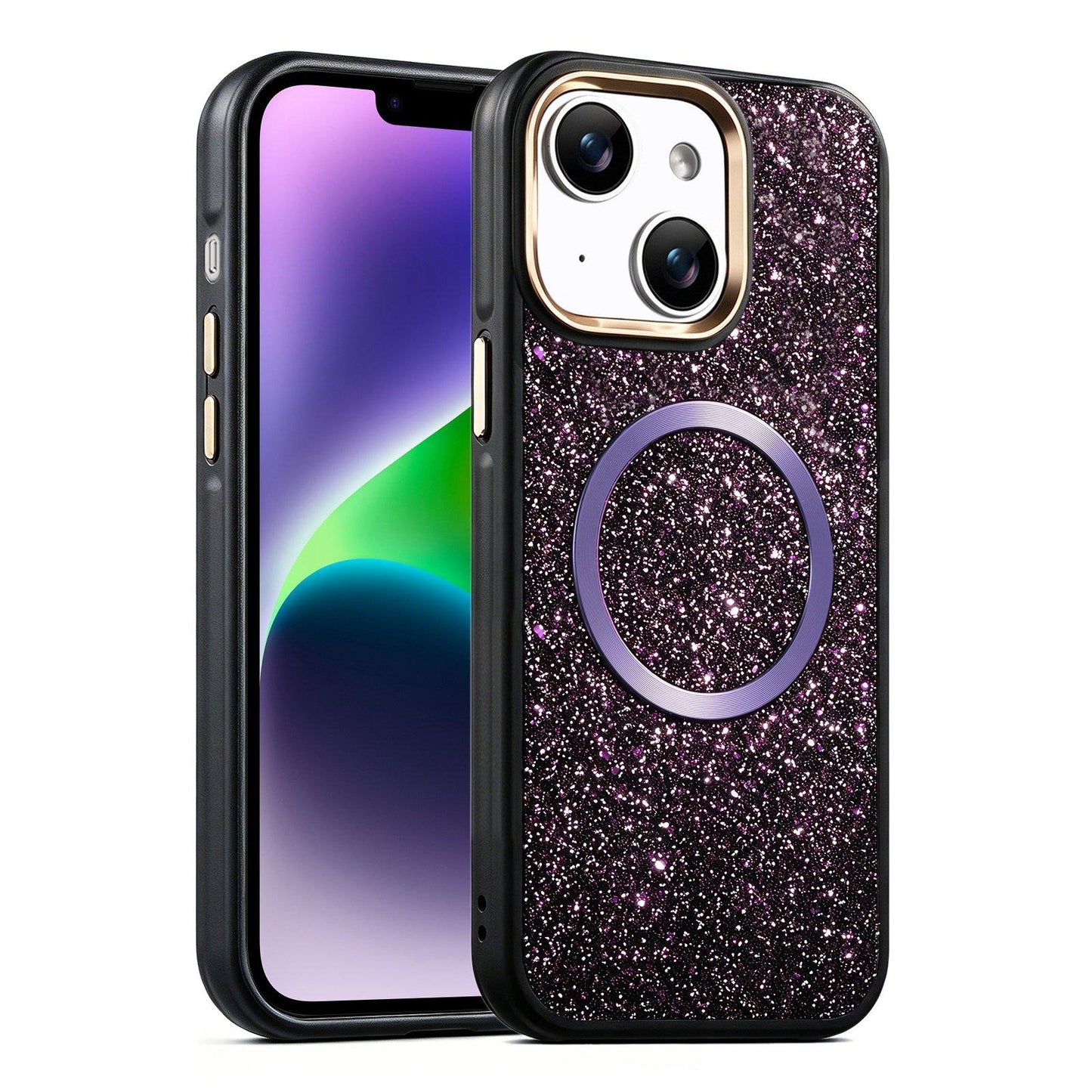 Apple iPhone 14 Glitter Airbag Shockproof Magnetic Phone Case with Luxury Sparkly Finish, Metal Camera Lens Protection, PU & TPU Dual Layer Cover, Magnetic Wireless Charging Compatible, Anti-Drop Protective Bumper