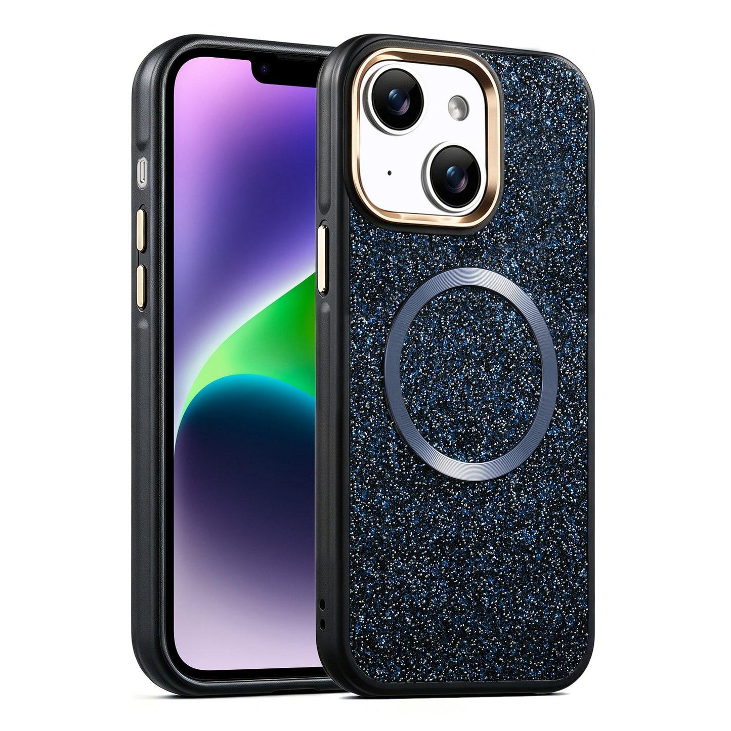 Apple iPhone 13 Glitter Airbag Shockproof Magnetic Phone Case with Luxury Sparkly Finish, Metal Camera Lens Protection, PU & TPU Dual Layer Cover, Magnetic Wireless Charging Compatible, Anti-Drop Protective Bumper