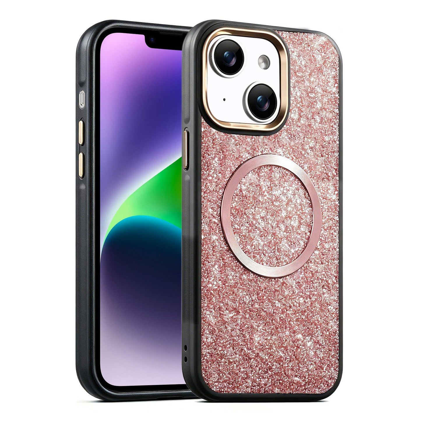 Apple iPhone 14 Glitter Airbag Shockproof Magnetic Phone Case with Luxury Sparkly Finish, Metal Camera Lens Protection, PU & TPU Dual Layer Cover, Magnetic Wireless Charging Compatible, Anti-Drop Protective Bumper