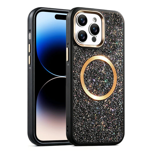 Apple iPhone 14 Pro Glitter Airbag Shockproof Magnetic Phone Case with Luxury Sparkly Finish, Metal Camera Lens Protection, PU & TPU Dual Layer Cover, Magnetic Wireless Charging Compatible, Anti-Drop Protective Bumper
