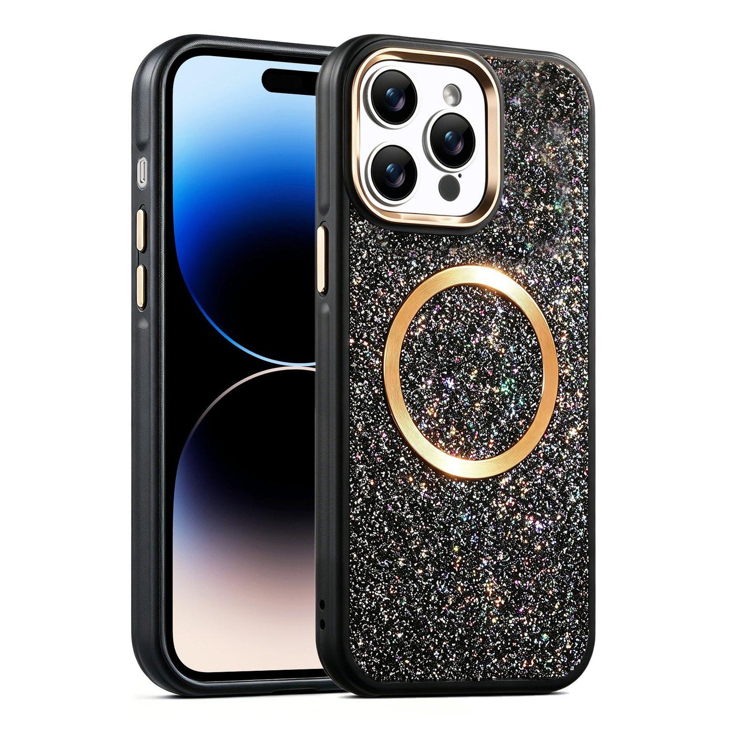 Apple iPhone 14 Pro Max Glitter Airbag Shockproof Magnetic Phone Case with Luxury Sparkly Finish, Metal Camera Lens Protection, PU & TPU Dual Layer Cover, Magnetic Wireless Charging Compatible, Anti-Drop Protective Bumper