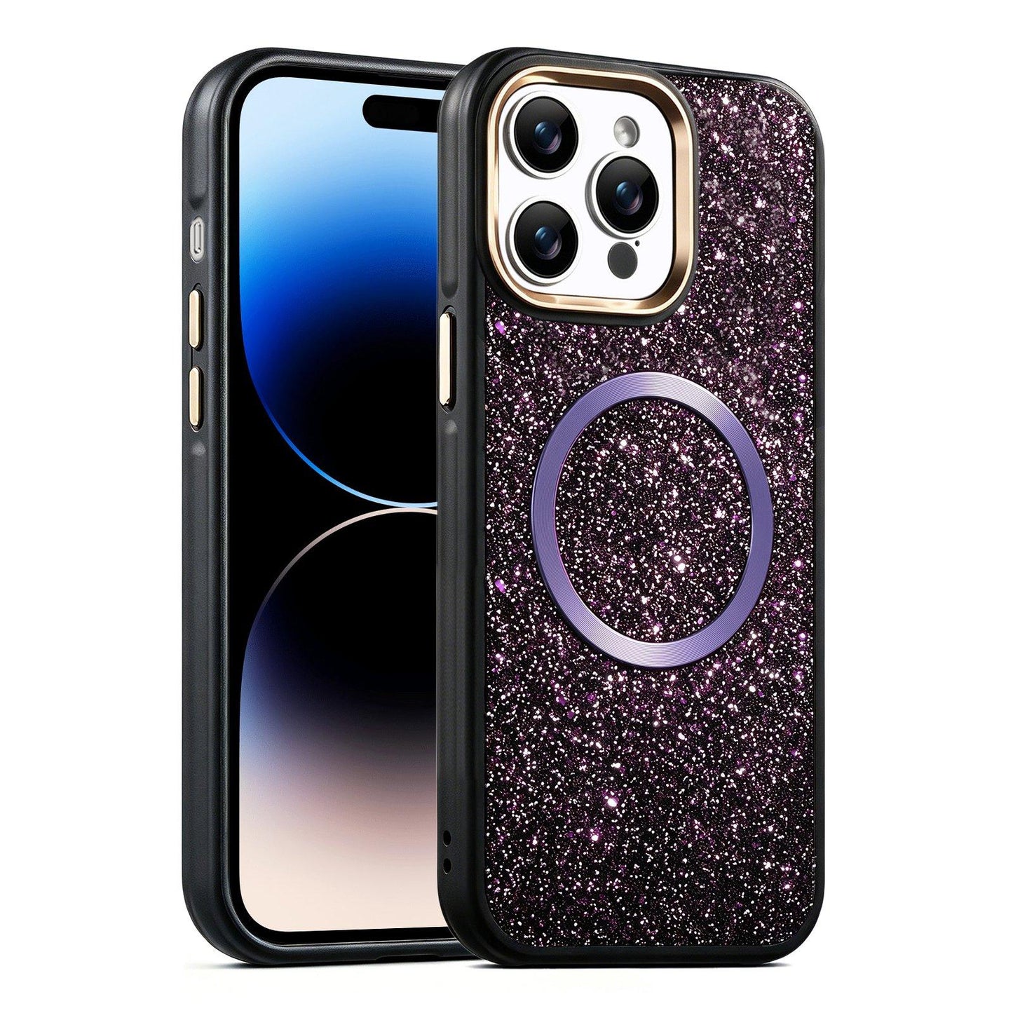 Apple iPhone 14 Pro Max Glitter Airbag Shockproof Magnetic Phone Case with Luxury Sparkly Finish, Metal Camera Lens Protection, PU & TPU Dual Layer Cover, Magnetic Wireless Charging Compatible, Anti-Drop Protective Bumper