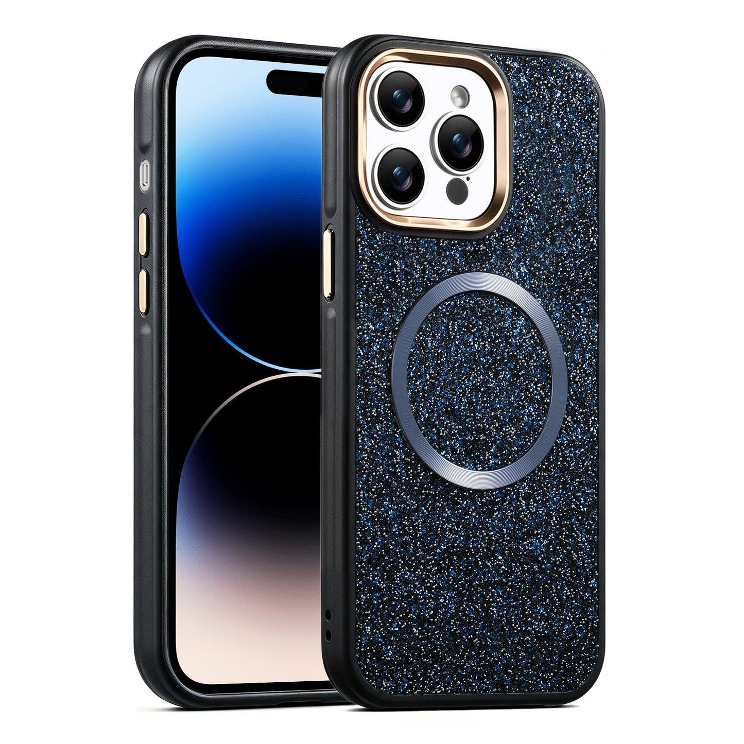 Apple iPhone 14 Pro Max Glitter Airbag Shockproof Magnetic Phone Case with Luxury Sparkly Finish, Metal Camera Lens Protection, PU & TPU Dual Layer Cover, Magnetic Wireless Charging Compatible, Anti-Drop Protective Bumper