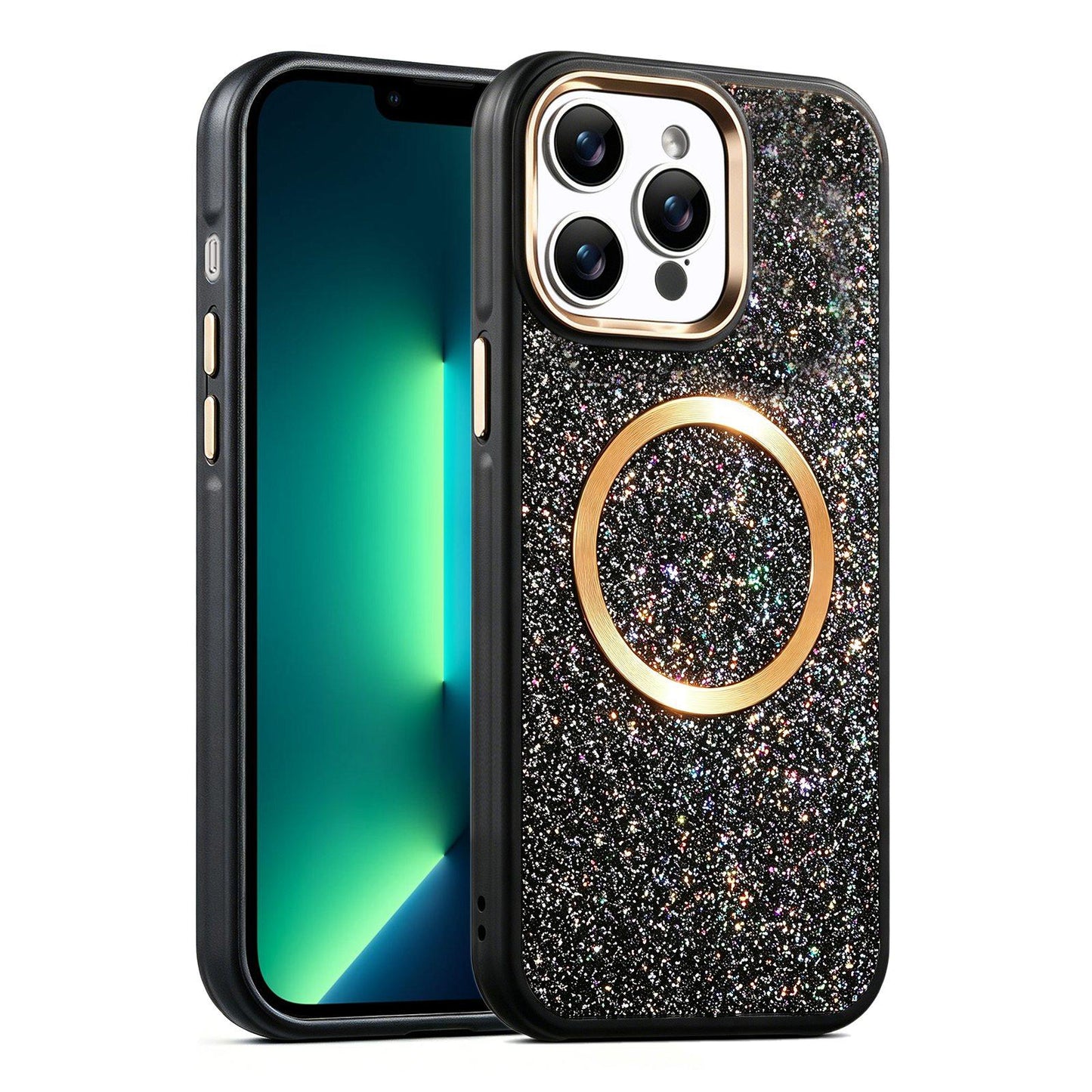 Apple iPhone 13 Pro Max Glitter Airbag Shockproof Magnetic Phone Case with Luxury Sparkly Finish, Metal Camera Lens Protection, PU & TPU Dual Layer Cover, Magnetic Wireless Charging Compatible, Anti-Drop Protective Bumper