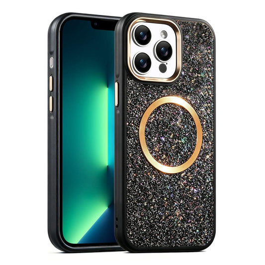 Apple iPhone 13 Pro Max Glitter Airbag Shockproof Magnetic Phone Case with Luxury Sparkly Finish, Metal Camera Lens Protection, PU & TPU Dual Layer Cover, Magnetic Wireless Charging Compatible, Anti-Drop Protective Bumper