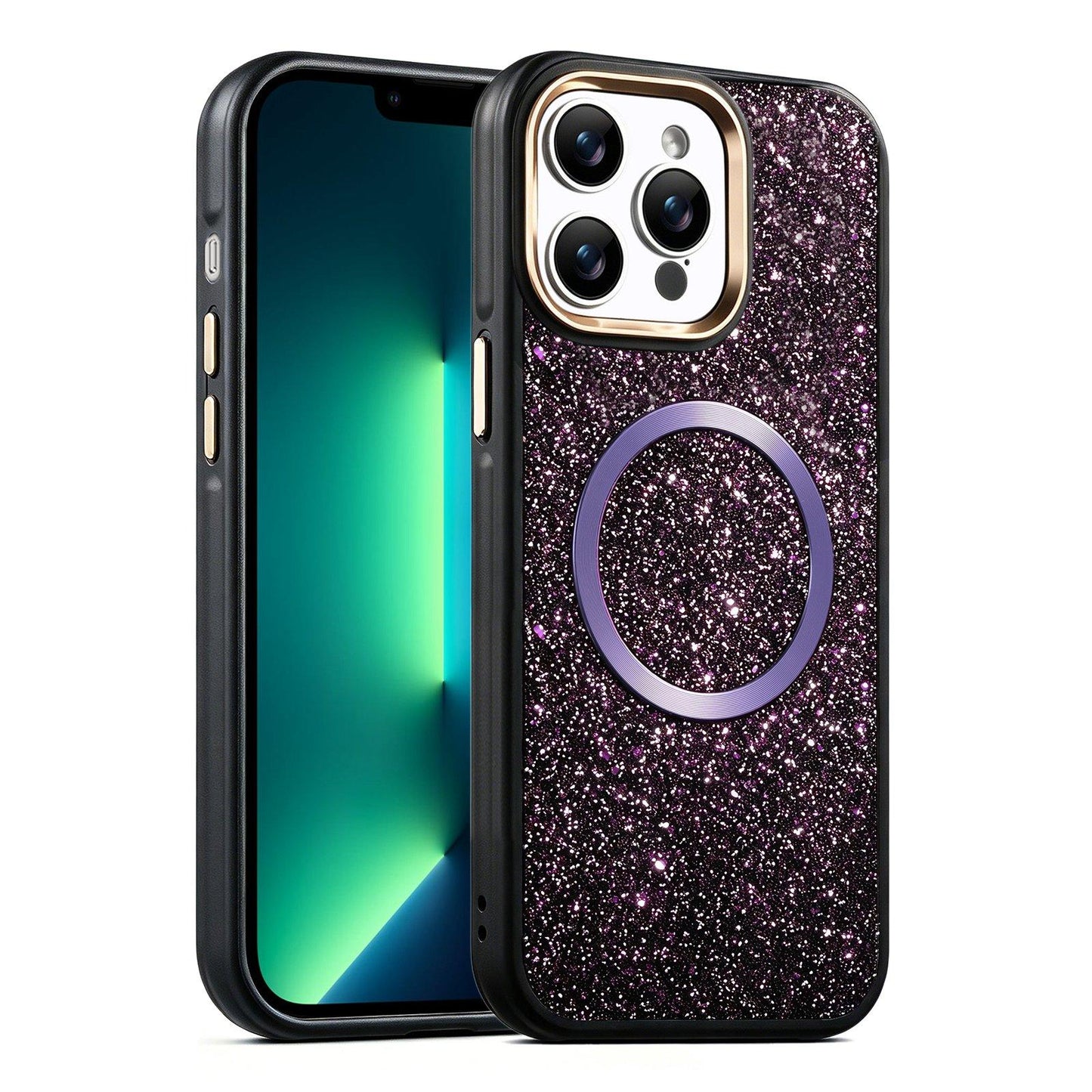 Apple iPhone 13 Pro Max Glitter Airbag Shockproof Magnetic Phone Case with Luxury Sparkly Finish, Metal Camera Lens Protection, PU & TPU Dual Layer Cover, Magnetic Wireless Charging Compatible, Anti-Drop Protective Bumper