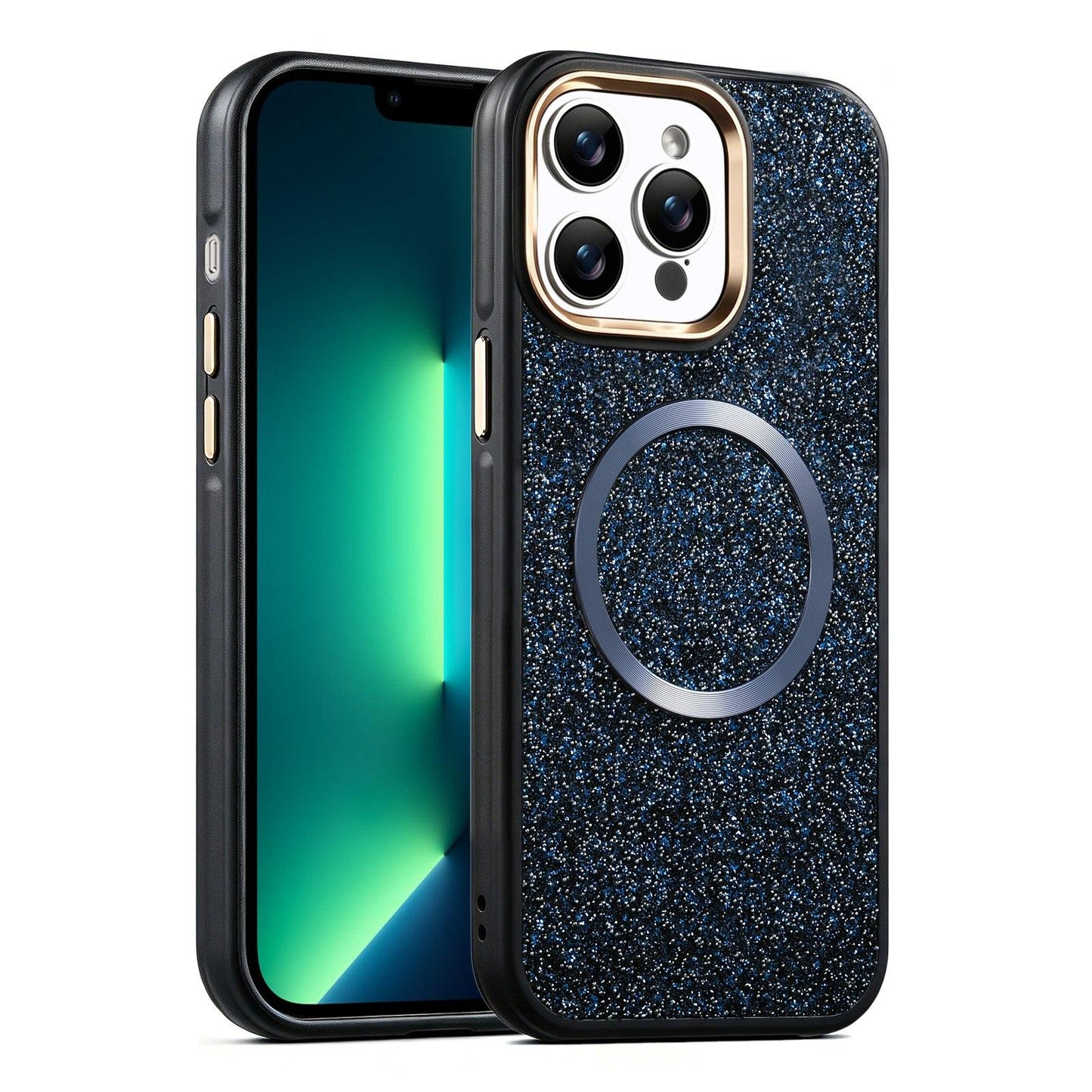 Apple iPhone 13 Pro Max Glitter Airbag Shockproof Magnetic Phone Case with Luxury Sparkly Finish, Metal Camera Lens Protection, PU & TPU Dual Layer Cover, Magnetic Wireless Charging Compatible, Anti-Drop Protective Bumper