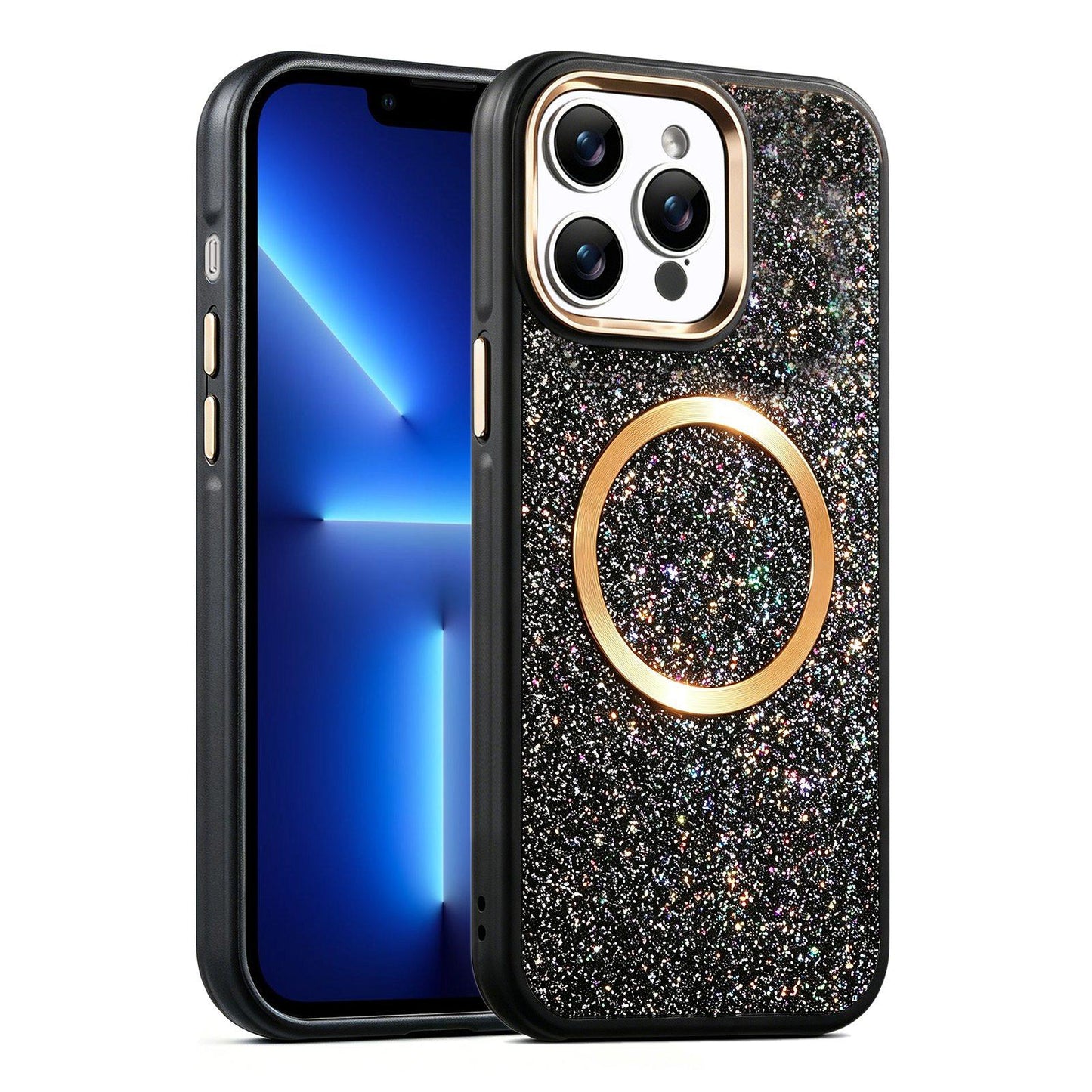 Apple iPhone 13 Pro Glitter Airbag Shockproof Magnetic Phone Case with Luxury Sparkly Finish, Metal Camera Lens Protection, PU & TPU Dual Layer Cover, Magnetic Wireless Charging Compatible, Anti-Drop Protective Bumper