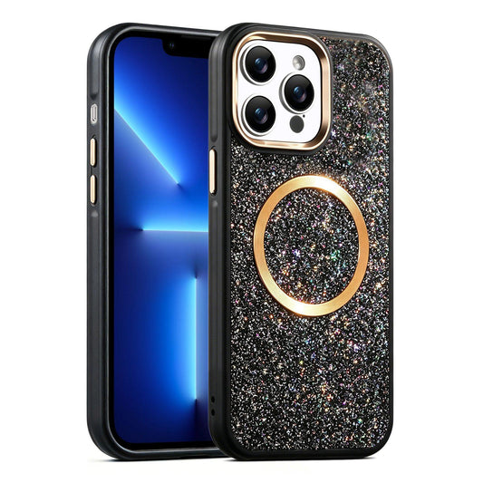 Apple iPhone 13 Pro Glitter Airbag Shockproof Magnetic Phone Case with Luxury Sparkly Finish, Metal Camera Lens Protection, PU & TPU Dual Layer Cover, Magnetic Wireless Charging Compatible, Anti-Drop Protective Bumper