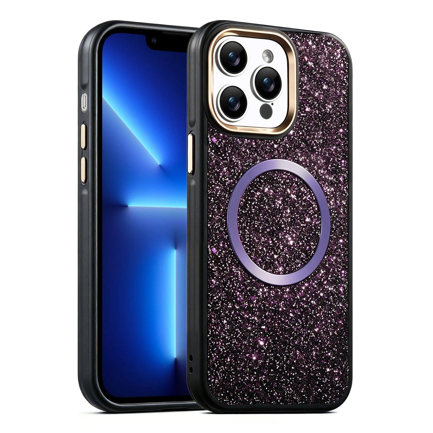 Apple iPhone 13 Pro Glitter Airbag Shockproof Magnetic Phone Case with Luxury Sparkly Finish, Metal Camera Lens Protection, PU & TPU Dual Layer Cover, Magnetic Wireless Charging Compatible, Anti-Drop Protective Bumper