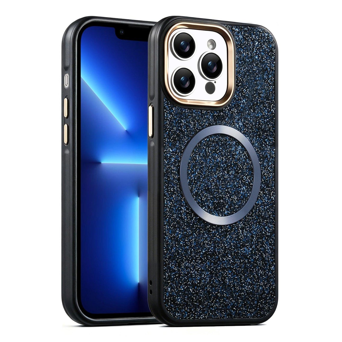 Apple iPhone 13 Pro Glitter Airbag Shockproof Magnetic Phone Case with Luxury Sparkly Finish, Metal Camera Lens Protection, PU & TPU Dual Layer Cover, Magnetic Wireless Charging Compatible, Anti-Drop Protective Bumper