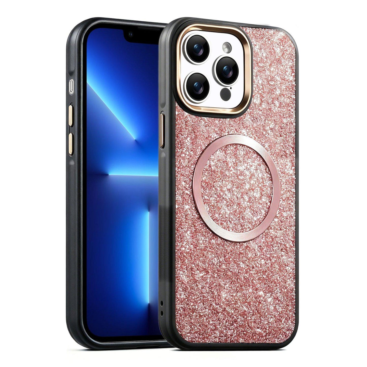 Apple iPhone 13 Pro Glitter Airbag Shockproof Magnetic Phone Case with Luxury Sparkly Finish, Metal Camera Lens Protection, PU & TPU Dual Layer Cover, Magnetic Wireless Charging Compatible, Anti-Drop Protective Bumper