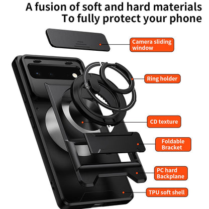 Google Pixel 6 Multifunctional Magnetic Shockproof Phone Case with Sliding Lens Window Stand Cover