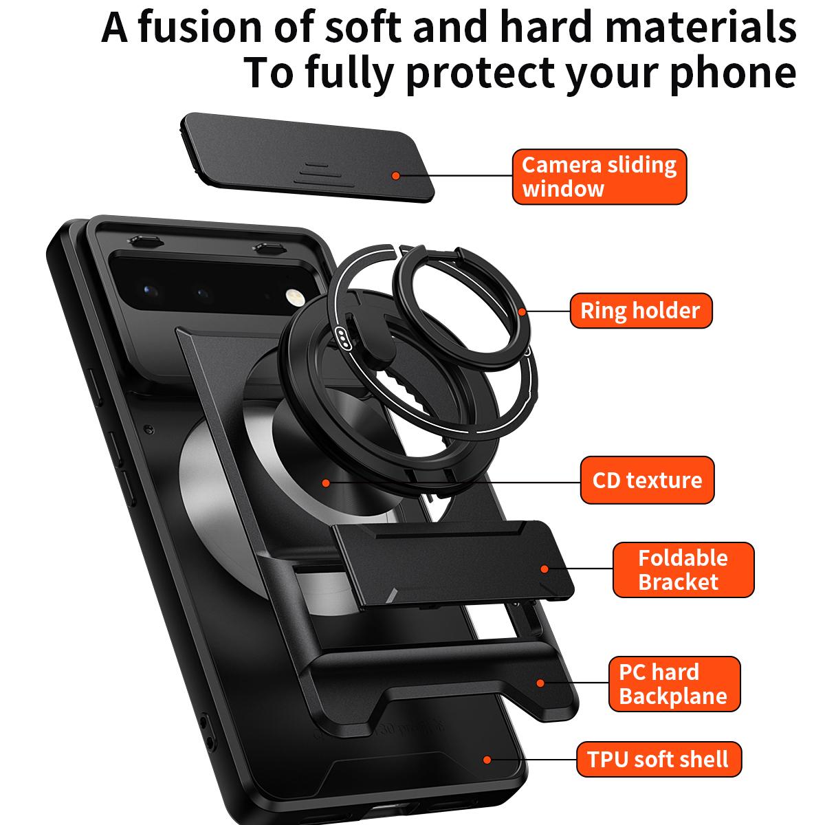 Google Pixel 6 Multifunctional Magnetic Shockproof Phone Case with Sliding Lens Window Stand Cover