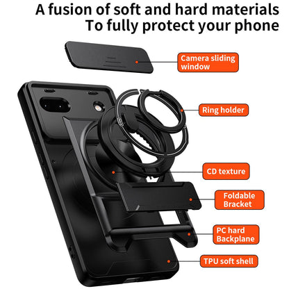 Google Pixel 6a Multifunctional Magnetic Shockproof Phone Case with Sliding Lens Window Stand Cover
