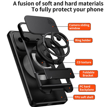 Google Pixel 7a Multifunctional Magnetic Shockproof Phone Case with Sliding Lens Window Stand Cover
