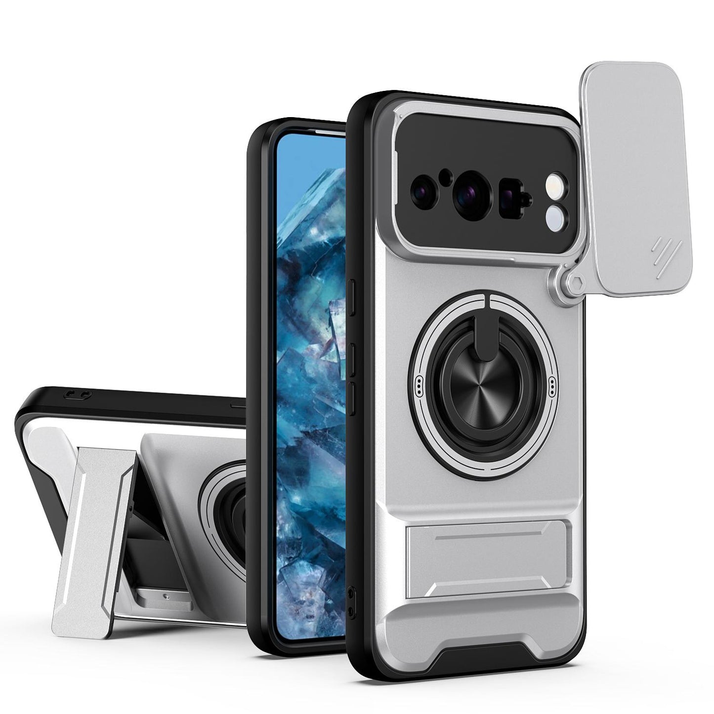 Google Pixel 8 Pro Multifunctional Magnetic Shockproof Phone Case with Sliding Lens Window Stand Cover