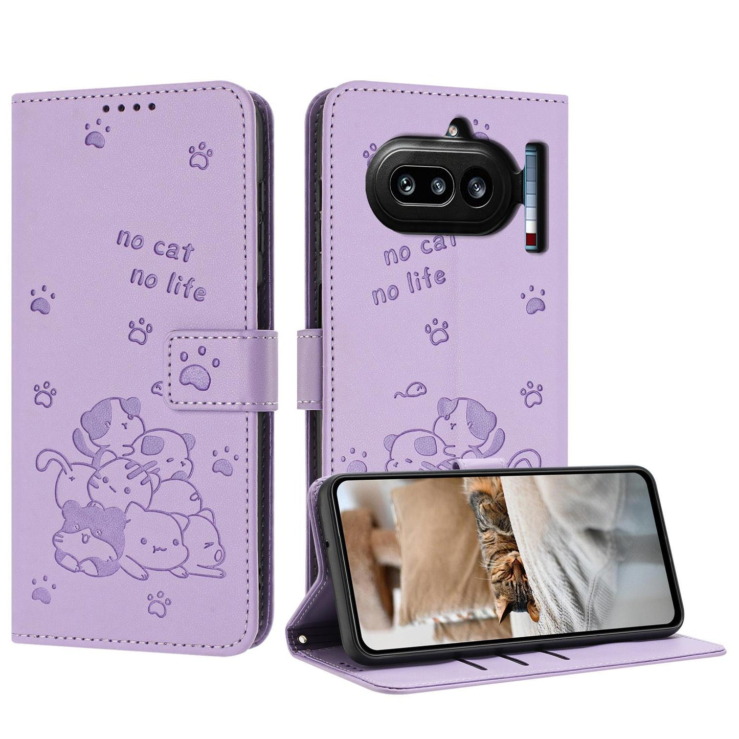 Nothing Phone 4a Embossed Kitten PU Leather Wallet Case with Card Slots, Cash Pocket, Kickstand Function, Wrist Lanyard Strap, Full Protective TPU Flip Cover