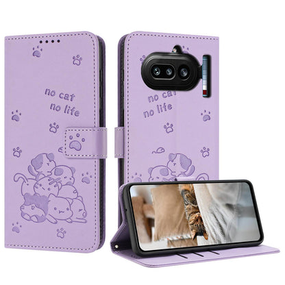 Nothing Phone 4a Embossed Kitten PU Leather Wallet Case with Card Slots, Cash Pocket, Kickstand Function, Wrist Lanyard Strap, Full Protective TPU Flip Cover