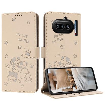Nothing Phone 4a Embossed Kitten PU Leather Wallet Case with Card Slots, Cash Pocket, Kickstand Function, Wrist Lanyard Strap, Full Protective TPU Flip Cover