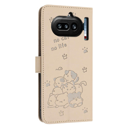Nothing Phone 4a Embossed Kitten PU Leather Wallet Case with Card Slots, Cash Pocket, Kickstand Function, Wrist Lanyard Strap, Full Protective TPU Flip Cover