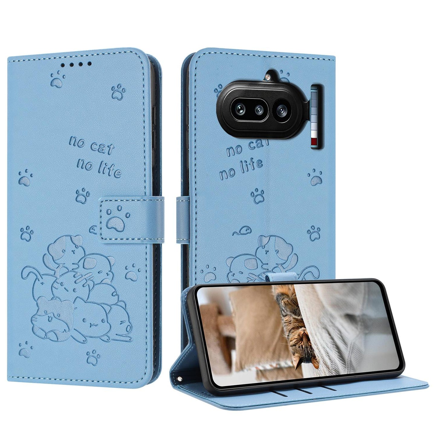 Nothing Phone 4a Embossed Kitten PU Leather Wallet Case with Card Slots, Cash Pocket, Kickstand Function, Wrist Lanyard Strap, Full Protective TPU Flip Cover