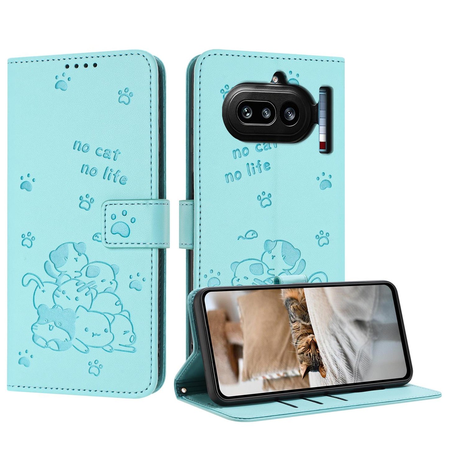 Nothing Phone 4a Embossed Kitten PU Leather Wallet Case with Card Slots, Cash Pocket, Kickstand Function, Wrist Lanyard Strap, Full Protective TPU Flip Cover