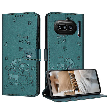 Nothing Phone 4a Embossed Kitten PU Leather Wallet Case with Card Slots, Cash Pocket, Kickstand Function, Wrist Lanyard Strap, Full Protective TPU Flip Cover