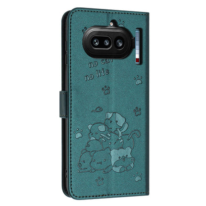 Nothing Phone 4a Embossed Kitten PU Leather Wallet Case with Card Slots, Cash Pocket, Kickstand Function, Wrist Lanyard Strap, Full Protective TPU Flip Cover