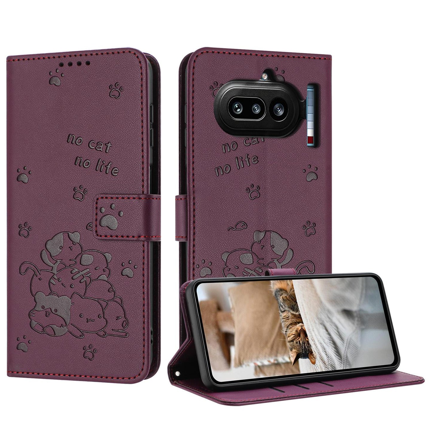 Nothing Phone 4a Embossed Kitten PU Leather Wallet Case with Card Slots, Cash Pocket, Kickstand Function, Wrist Lanyard Strap, Full Protective TPU Flip Cover