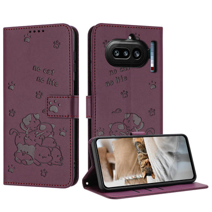 Nothing Phone 4a Embossed Kitten PU Leather Wallet Case with Card Slots, Cash Pocket, Kickstand Function, Wrist Lanyard Strap, Full Protective TPU Flip Cover