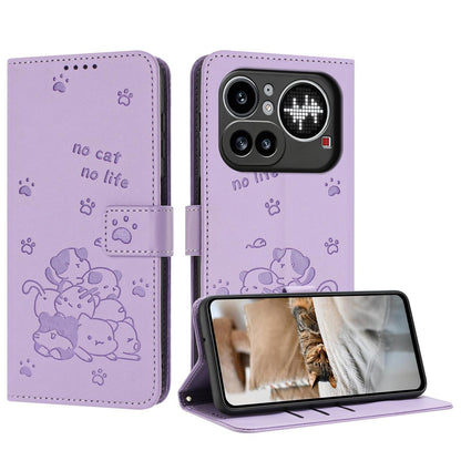 Nothing Phone 4a Pro Embossed Kitten PU Leather Wallet Case with Card Slots, Cash Pocket, Kickstand Function, Wrist Lanyard Strap, Full Protective TPU Flip Cover