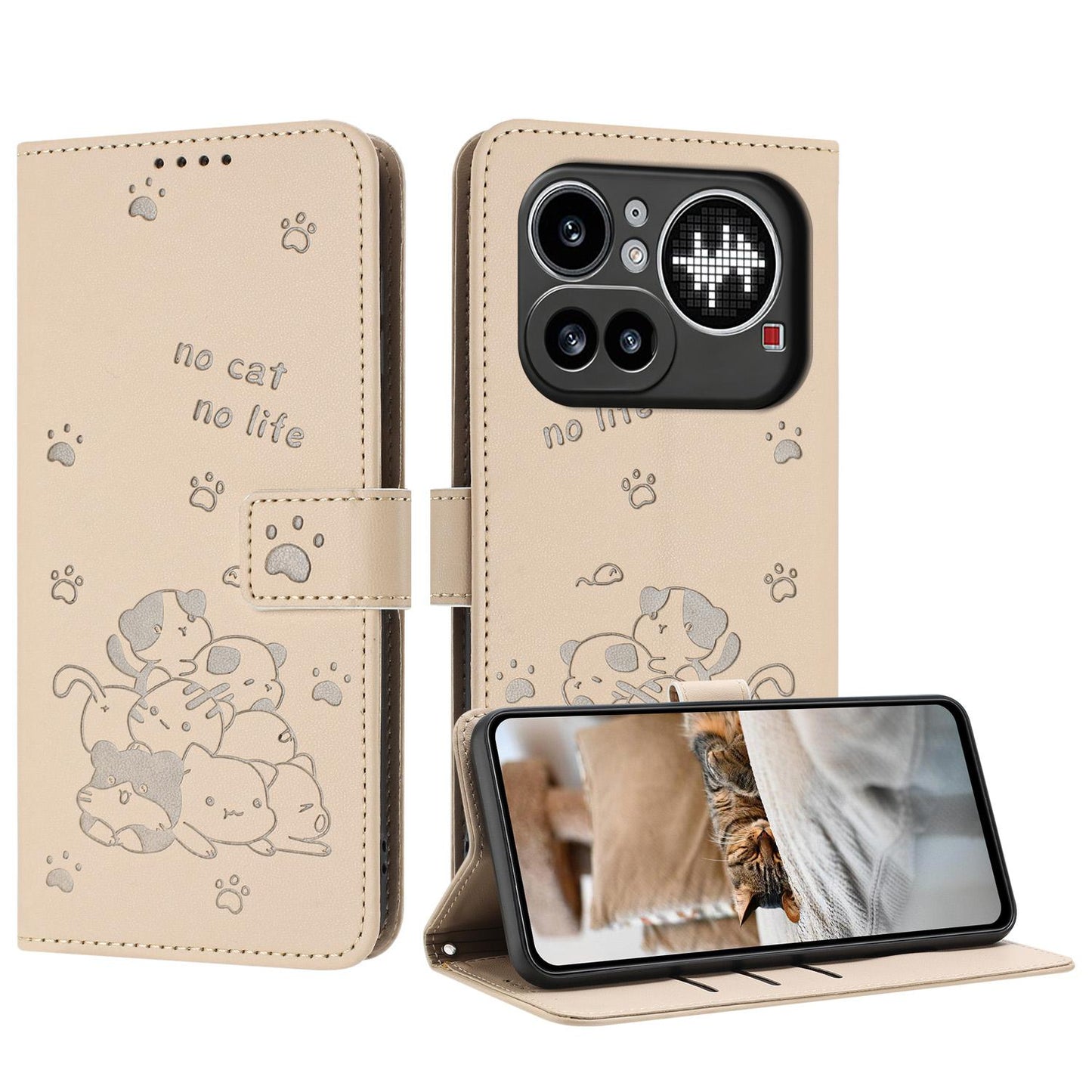 Nothing Phone 4a Pro Embossed Kitten PU Leather Wallet Case with Card Slots, Cash Pocket, Kickstand Function, Wrist Lanyard Strap, Full Protective TPU Flip Cover