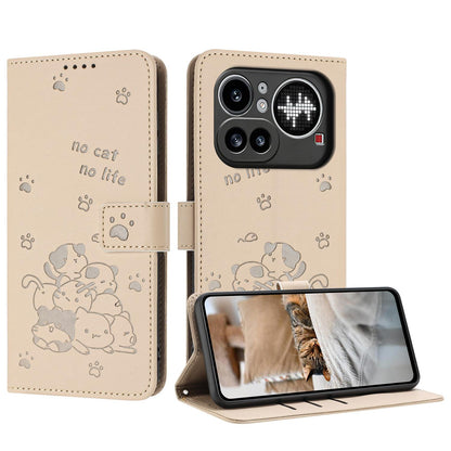 Nothing Phone 4a Pro Embossed Kitten PU Leather Wallet Case with Card Slots, Cash Pocket, Kickstand Function, Wrist Lanyard Strap, Full Protective TPU Flip Cover