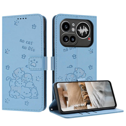 Nothing Phone 4a Pro Embossed Kitten PU Leather Wallet Case with Card Slots, Cash Pocket, Kickstand Function, Wrist Lanyard Strap, Full Protective TPU Flip Cover