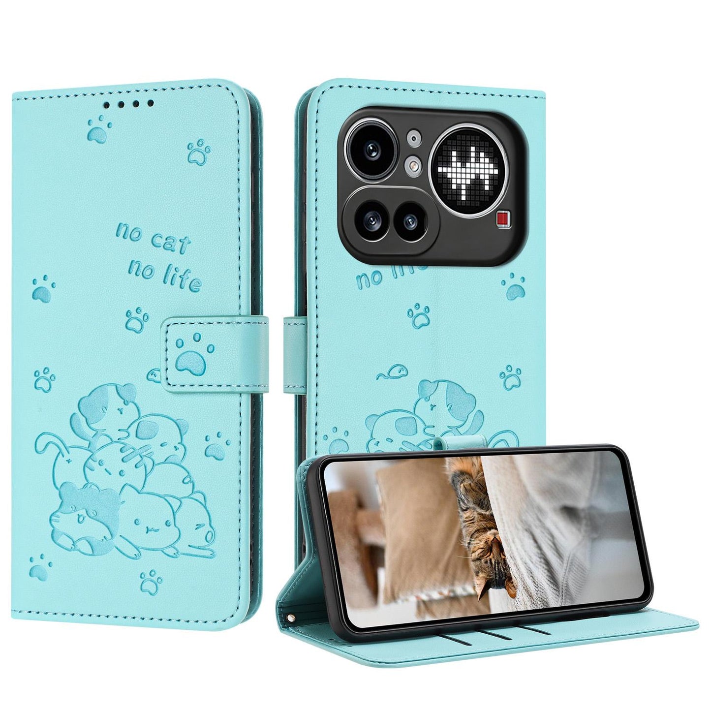 Nothing Phone 4a Pro Embossed Kitten PU Leather Wallet Case with Card Slots, Cash Pocket, Kickstand Function, Wrist Lanyard Strap, Full Protective TPU Flip Cover