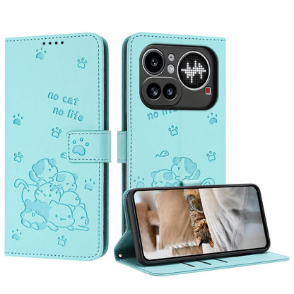 Nothing Phone 4a Pro Embossed Kitten PU Leather Wallet Case with Card Slots, Cash Pocket, Kickstand Function, Wrist Lanyard Strap, Full Protective TPU Flip Cover