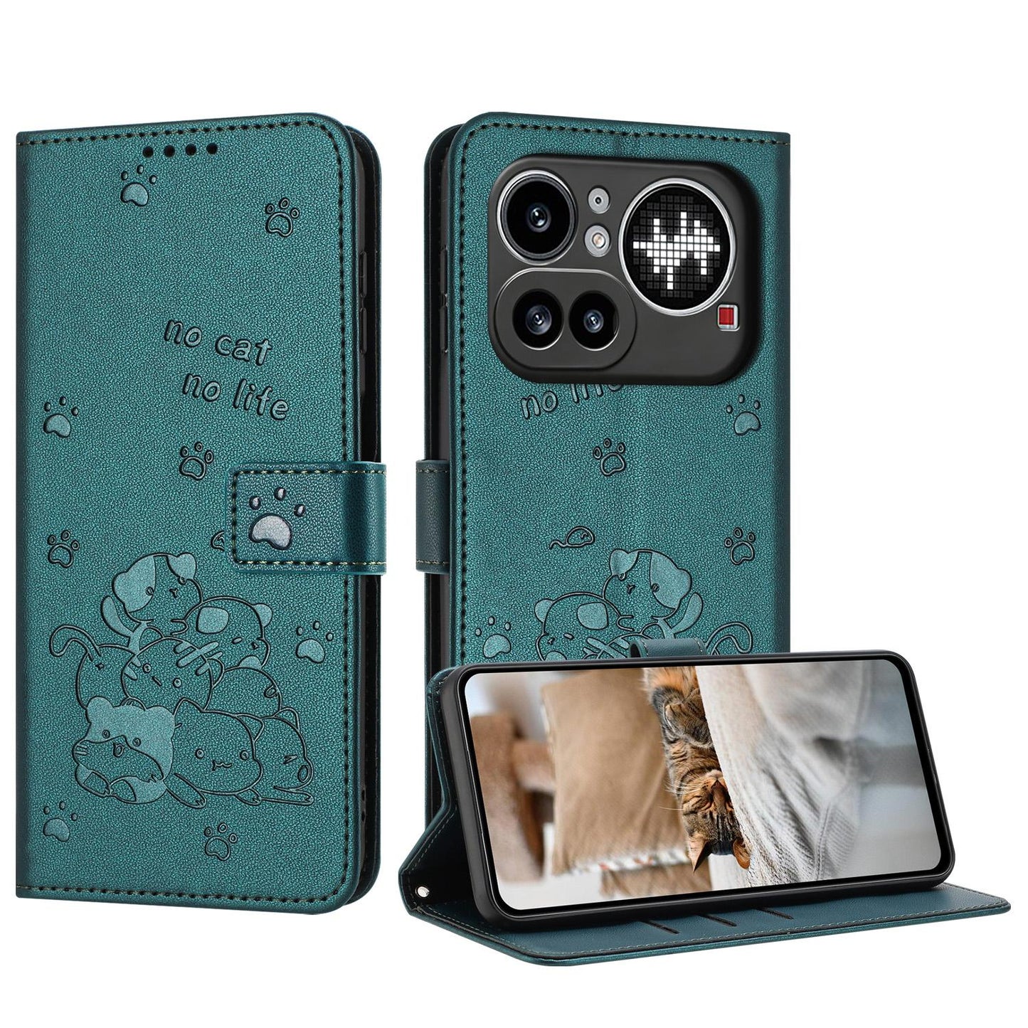 Nothing Phone 4a Pro Embossed Kitten PU Leather Wallet Case with Card Slots, Cash Pocket, Kickstand Function, Wrist Lanyard Strap, Full Protective TPU Flip Cover