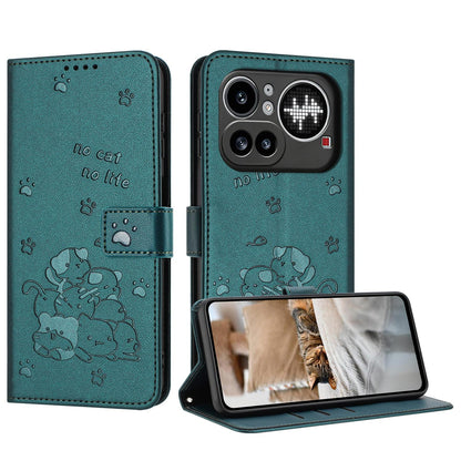 Nothing Phone 4a Pro Embossed Kitten PU Leather Wallet Case with Card Slots, Cash Pocket, Kickstand Function, Wrist Lanyard Strap, Full Protective TPU Flip Cover