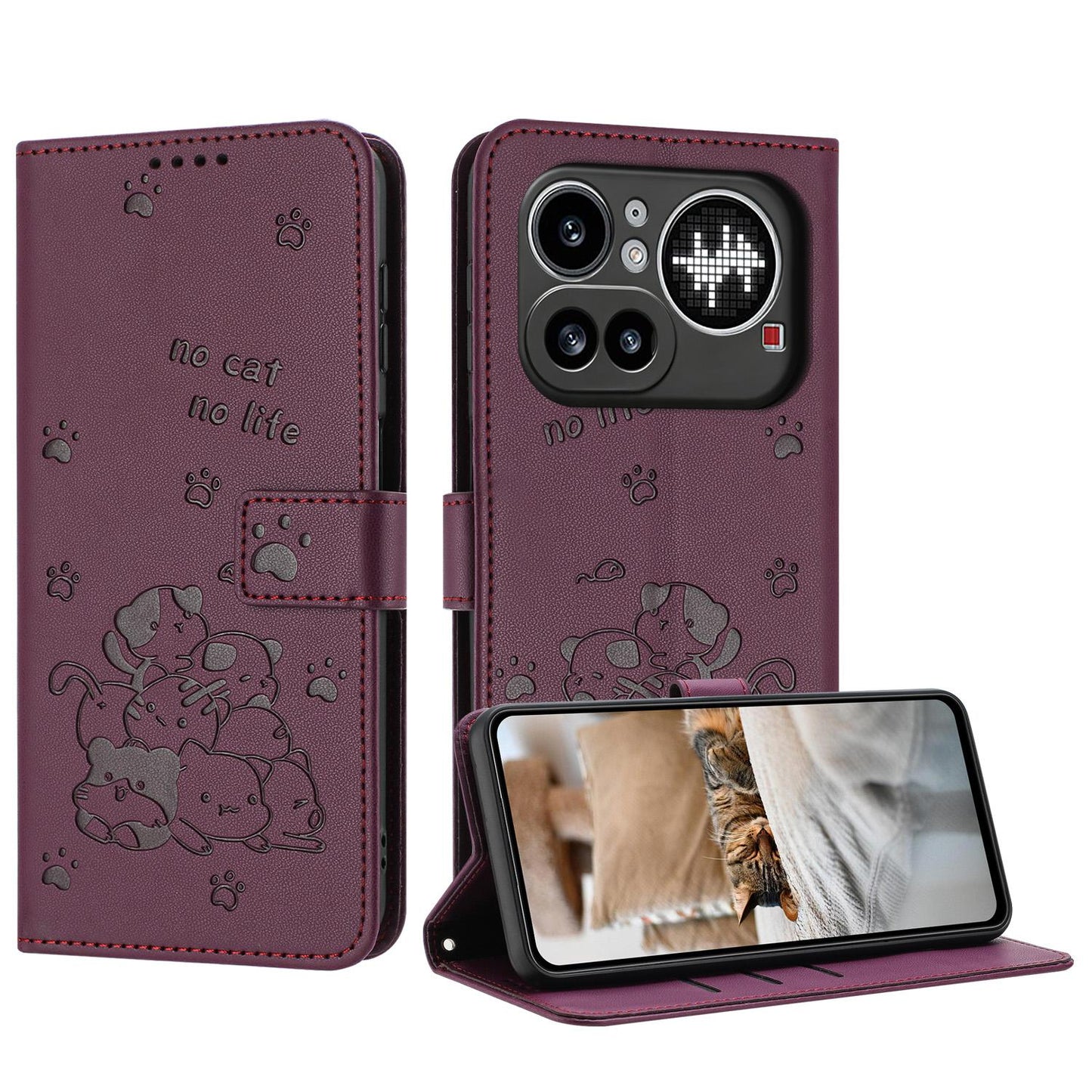Nothing Phone 4a Pro Embossed Kitten PU Leather Wallet Case with Card Slots, Cash Pocket, Kickstand Function, Wrist Lanyard Strap, Full Protective TPU Flip Cover