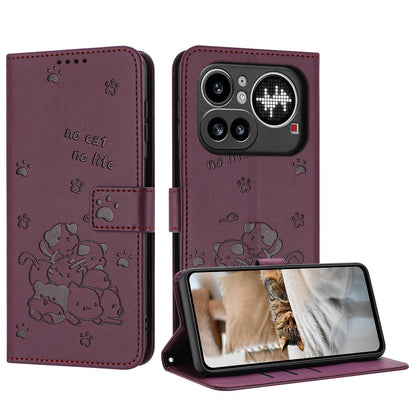 Nothing Phone 4a Pro Embossed Kitten PU Leather Wallet Case with Card Slots, Cash Pocket, Kickstand Function, Wrist Lanyard Strap, Full Protective TPU Flip Cover