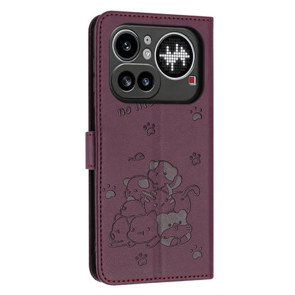 Nothing Phone 4a Pro Embossed Kitten PU Leather Wallet Case with Card Slots, Cash Pocket, Kickstand Function, Wrist Lanyard Strap, Full Protective TPU Flip Cover