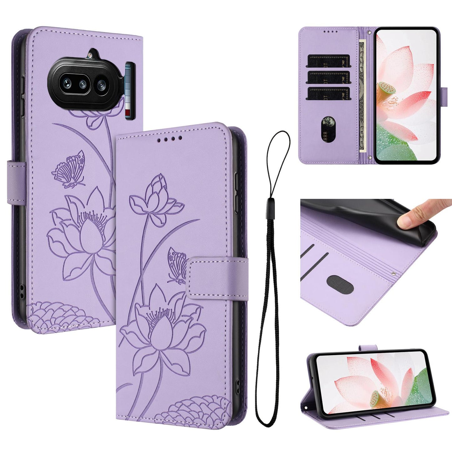 Nothing Phone 4a Lotus Embossed PU Leather Wallet Phone Case with Card Holder, Cash Pocket, Magnetic Flip Stand Cover, Wrist Lanyard Strap, Shockproof TPU Protective Folio Case - Purple