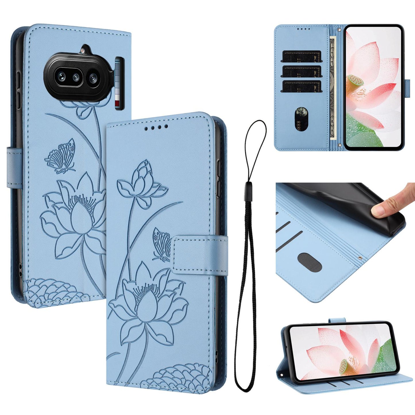 Nothing Phone 4a Lotus Embossed PU Leather Wallet Phone Case with Card Holder, Cash Pocket, Magnetic Flip Stand Cover, Wrist Lanyard Strap, Shockproof TPU Protective Folio Case - Purple
