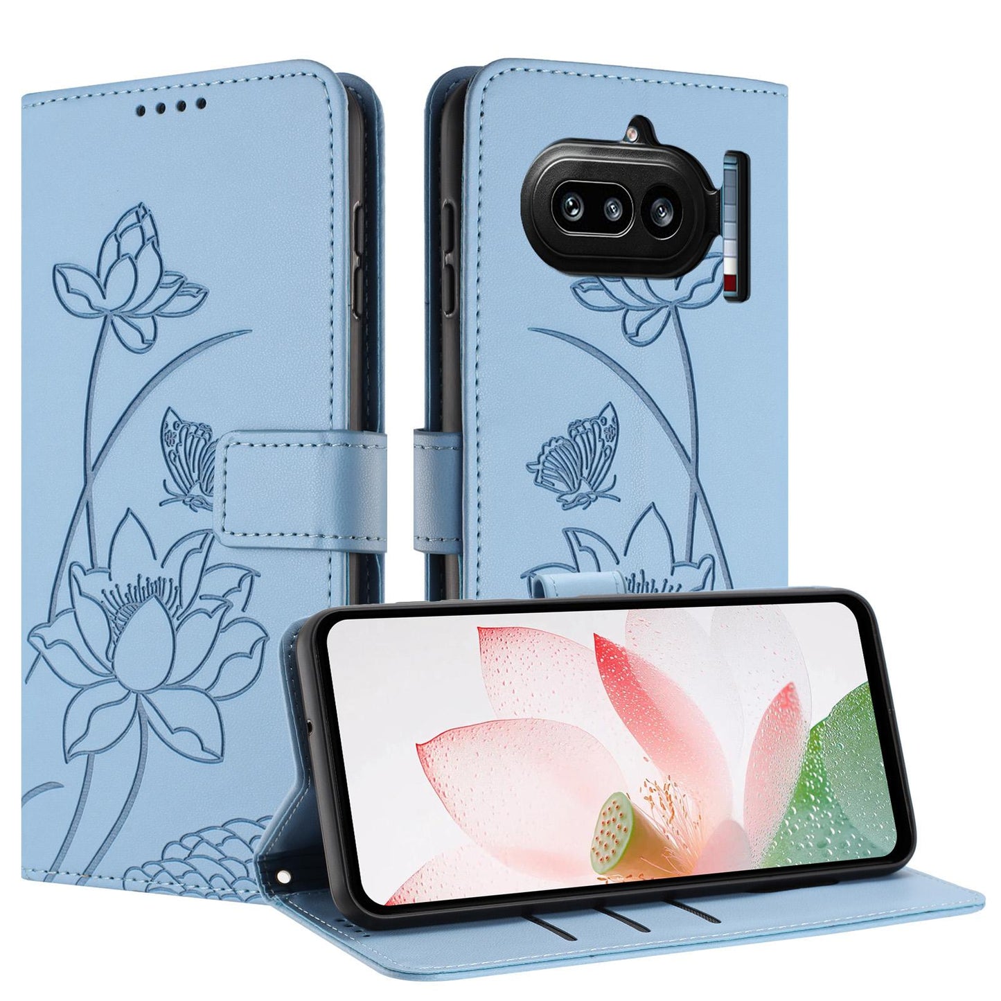 Nothing Phone 4a Lotus Embossed PU Leather Wallet Phone Case with Card Holder, Cash Pocket, Magnetic Flip Stand Cover, Wrist Lanyard Strap, Shockproof TPU Protective Folio Case - Purple