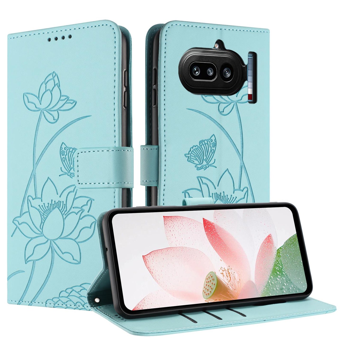 Nothing Phone 4a Lotus Embossed PU Leather Wallet Phone Case with Card Holder, Cash Pocket, Magnetic Flip Stand Cover, Wrist Lanyard Strap, Shockproof TPU Protective Folio Case - Purple