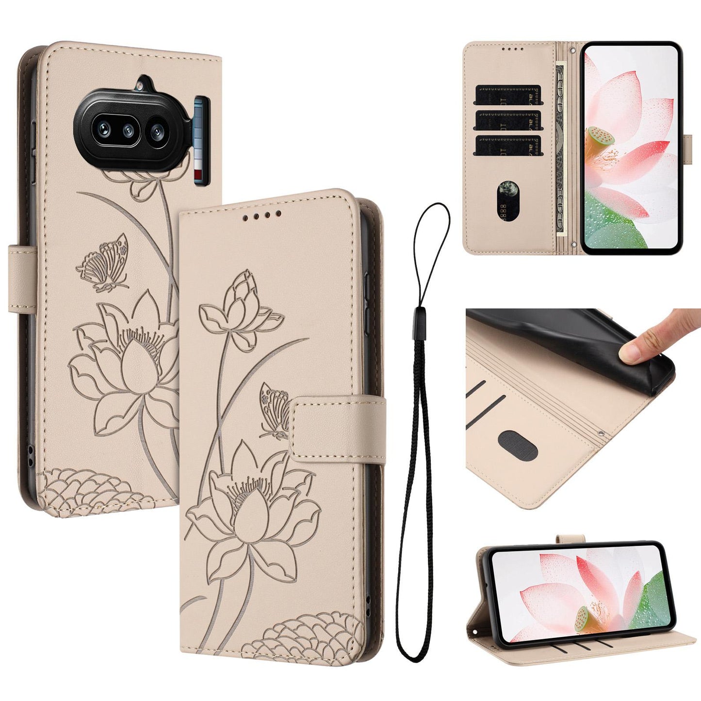 Nothing Phone 4a Lotus Embossed PU Leather Wallet Phone Case with Card Holder, Cash Pocket, Magnetic Flip Stand Cover, Wrist Lanyard Strap, Shockproof TPU Protective Folio Case - Purple