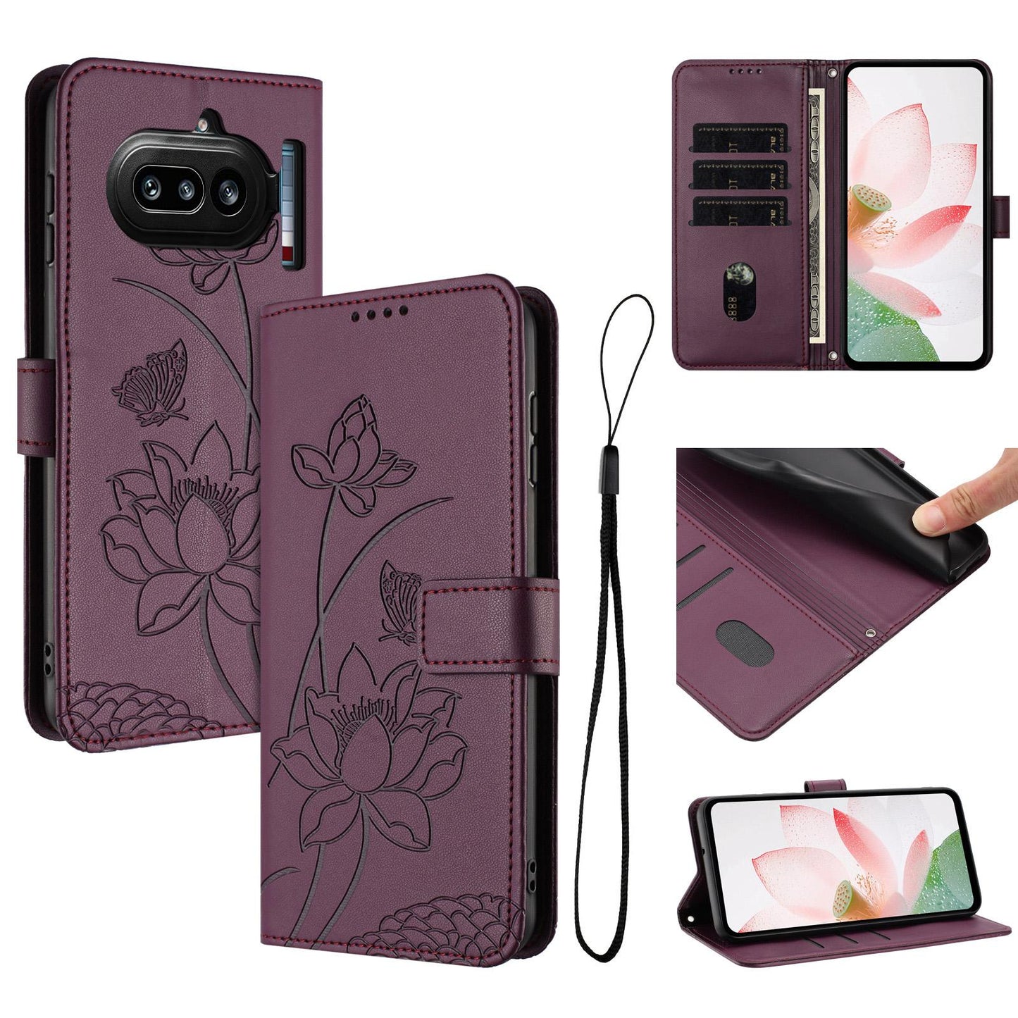 Nothing Phone 4a Lotus Embossed PU Leather Wallet Phone Case with Card Holder, Cash Pocket, Magnetic Flip Stand Cover, Wrist Lanyard Strap, Shockproof TPU Protective Folio Case - Purple