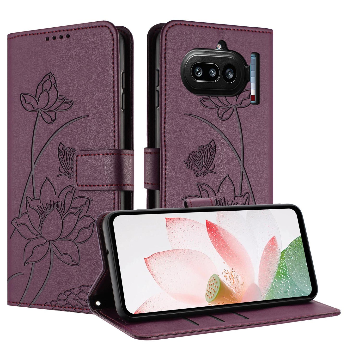 Nothing Phone 4a Lotus Embossed PU Leather Wallet Phone Case with Card Holder, Cash Pocket, Magnetic Flip Stand Cover, Wrist Lanyard Strap, Shockproof TPU Protective Folio Case - Purple